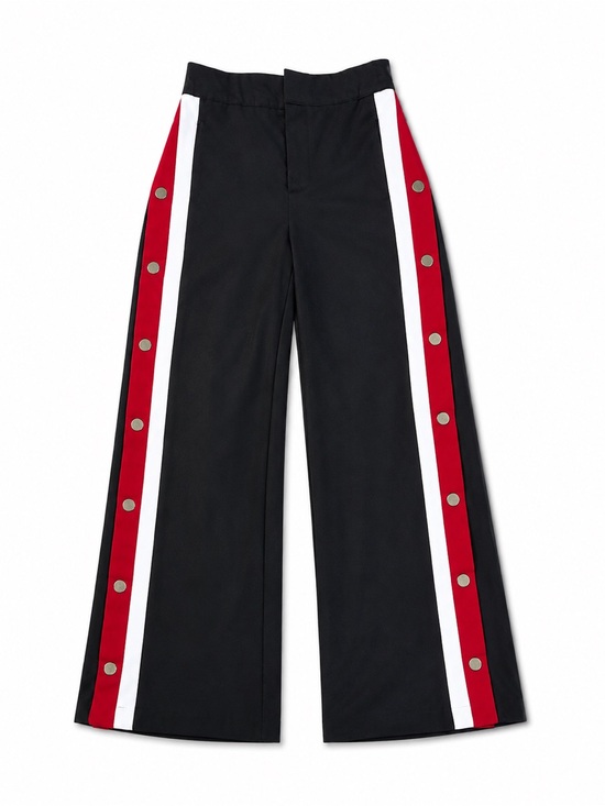 Pants - Women’s Black Wide-Leg Track Pants Red & White Snap Side Stripes